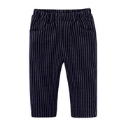 Dark navy baby pants with white pinstripes and elastic waistband with pockets.