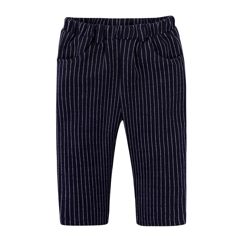 Dark navy baby pants with white pinstripes and elastic waistband with pockets.
