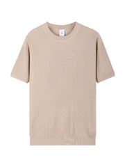 Men's apricot ribbed knit t-shirt with relaxed fit and crew neck.