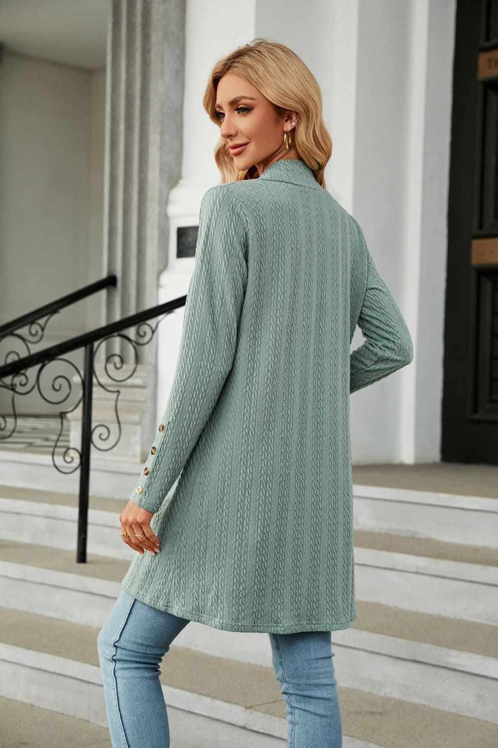 Sage textured knit open-front duster cardigan with button detail on sleeves.