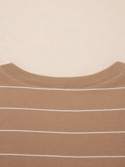 Brown striped t-shirt dress with crew neck and ribbed trim.