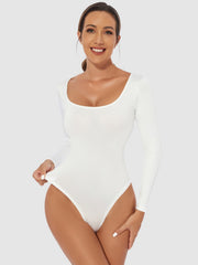 White long sleeve bodysuit with square neckline and second-skin fit