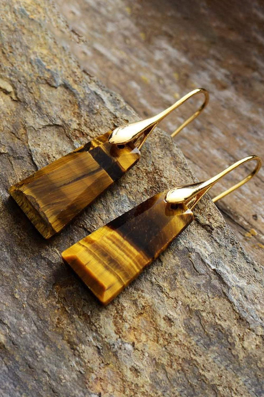 Tiger's Eye trapezoid drop earrings with gold hooks, boho style.