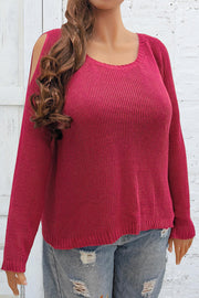 Deep Red open shoulder ribbed knit pullover sweater with long sleeves.
