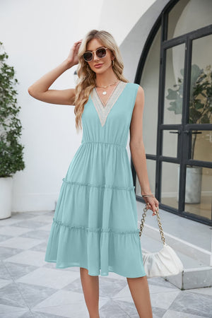 Aqua sleeveless midi dress with lace trim V-neck and tiered skirt