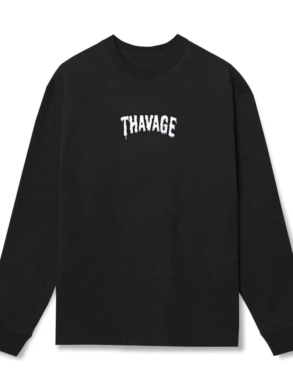 Black long sleeve t-shirt with white dripped logo graphic on chest