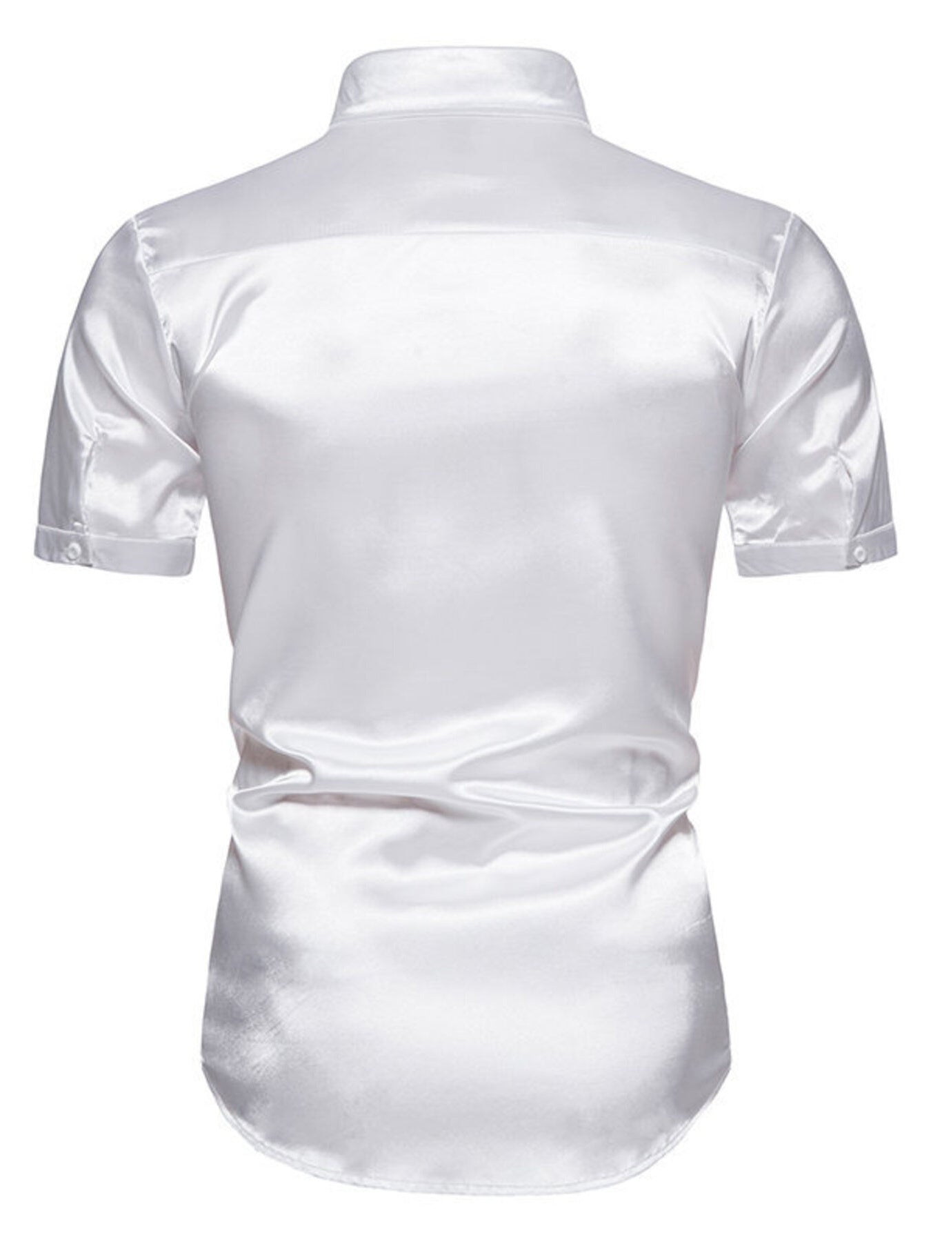 Men's white satin finish short sleeve button-up shirt with a classic collar.
