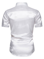 Men's white satin finish short sleeve button-up shirt with a classic collar.