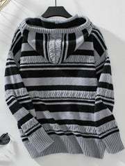 Textured stripe knit hoodie in dark gray and black with cable knit details on the hood and sleeves.