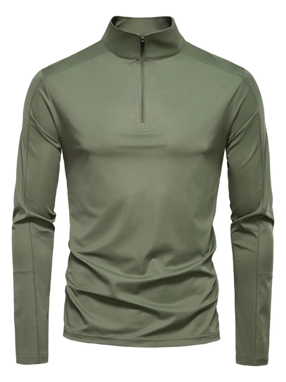 Moss green performance zip-neck tee with structured shoulders and long sleeves.