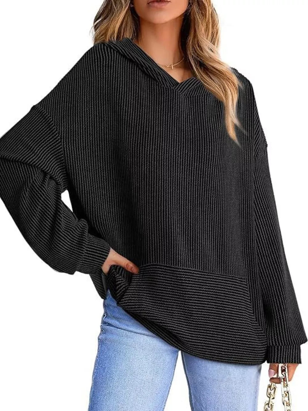 Black ribbed V-neck oversized hoodie sweatshirt with kangaroo pocket and balloon sleeves.
