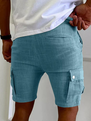 Men's Full Size Drawstring Casual Cargo Shorts in Light Gray, close-up detail