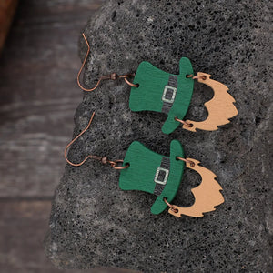 Green leprechaun hat and beard wood earrings with buckle detail