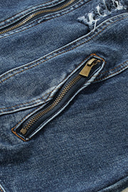 Dark blue denim jacket with distressed details and a zippered pocket.