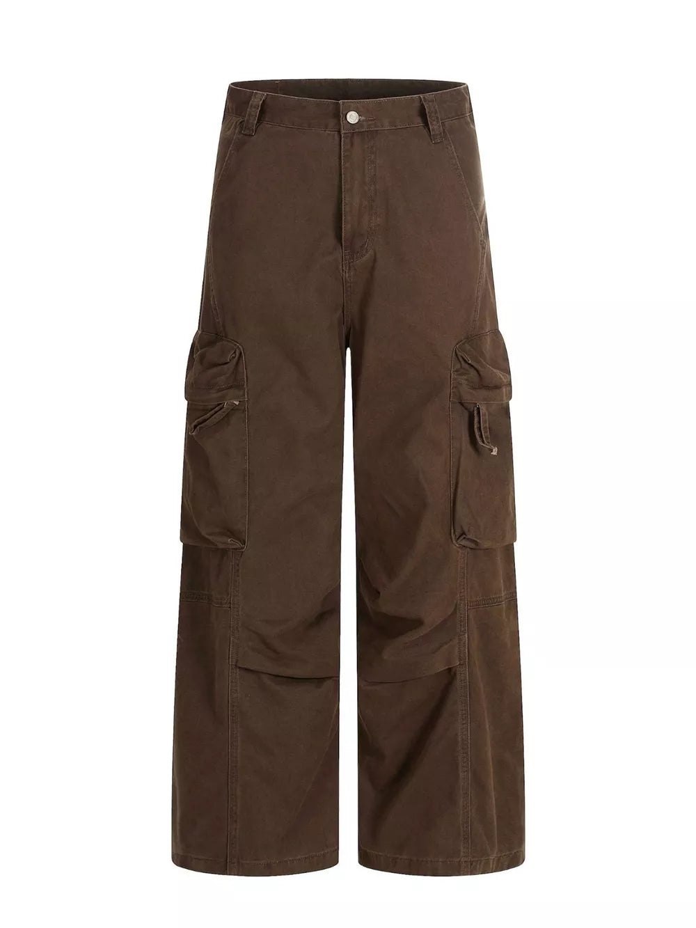 Brown relaxed fit cargo pants with utility pockets and button fly.