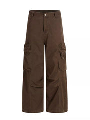 Brown relaxed fit cargo pants with utility pockets and button fly.