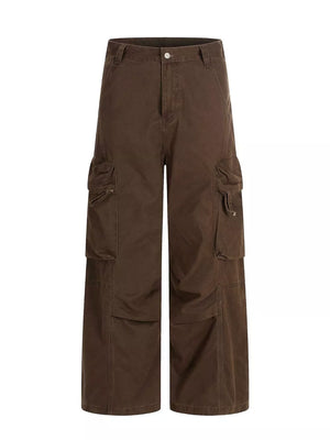 Brown relaxed fit cargo pants with utility pockets and button fly.