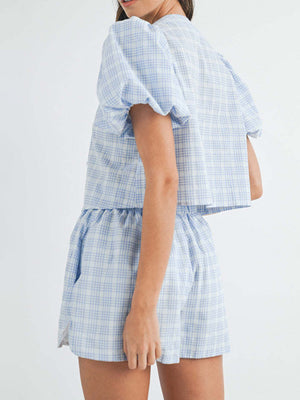 Light blue plaid puff sleeve tie-front set with matching shorts.