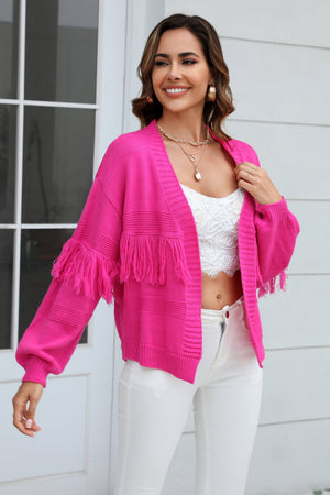 Hot Pink acrylic cardigan with fringe sleeves and textured knit detail.
