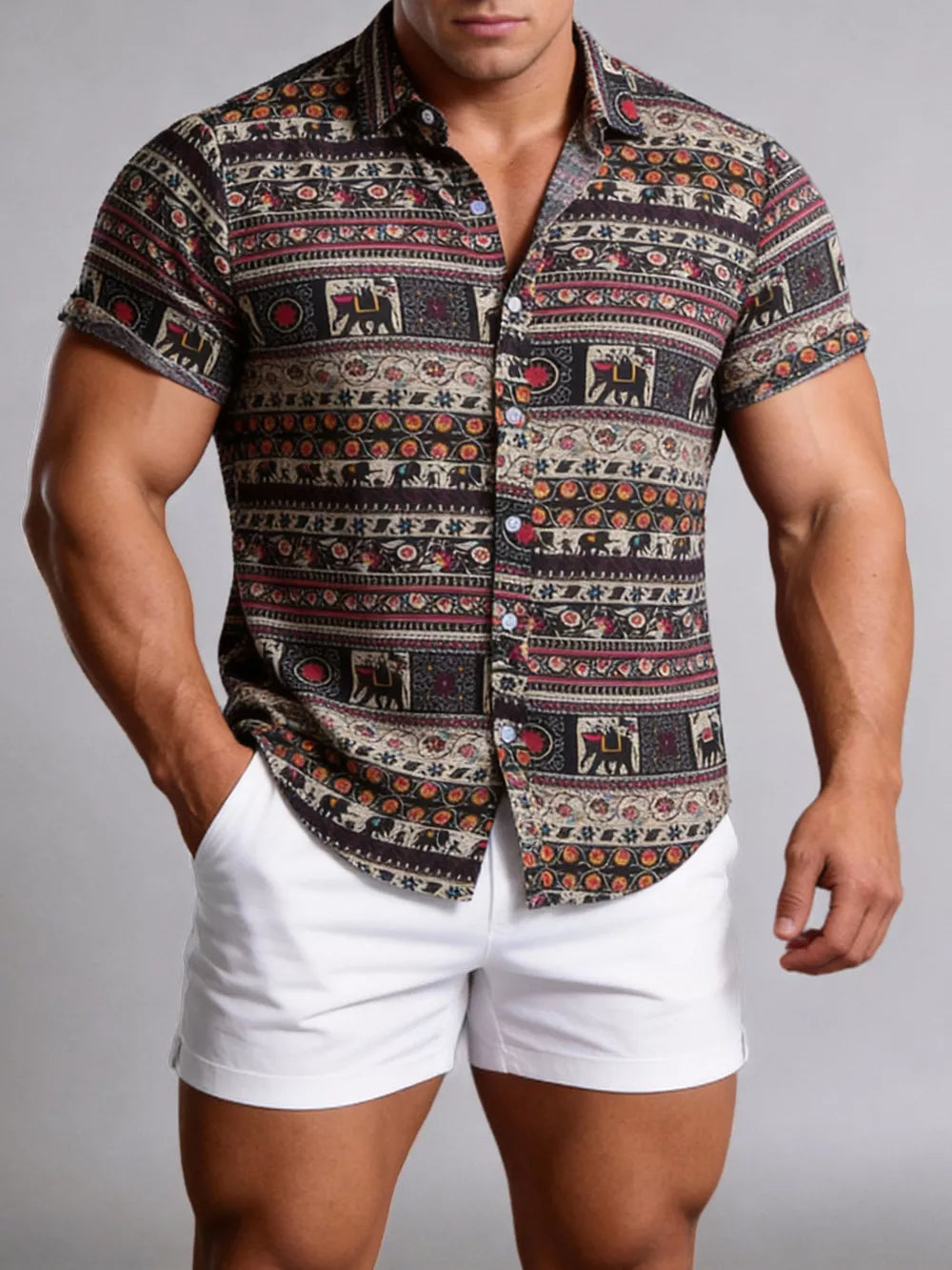 Button-down Graphic Short-sleeve Top in Camel, fit detail