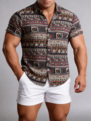 Button-down Graphic Short-sleeve Top in Camel, fit detail