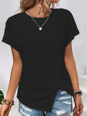 Black textured knot-front asymmetric tee with short sleeves and a crew neck.
