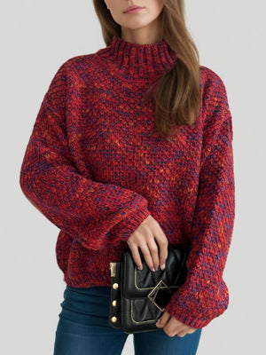 Textured mélange mock neck pullover sweater in deep red with a speckled pattern.