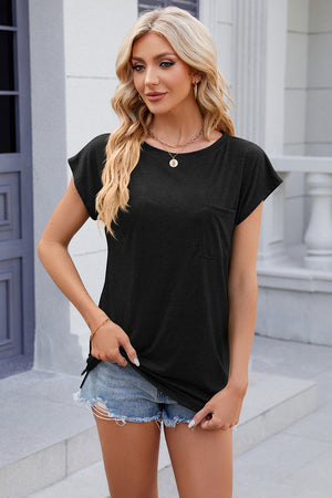 Black relaxed cap sleeve t-shirt with chest pocket and round neckline.