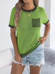Green knit t-shirt with contrast trim and pockets, casual, comfortable.