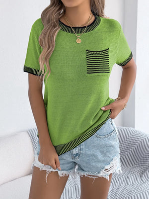 Green knit t-shirt with contrast trim and pockets, casual, comfortable.
