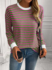 Horizontal stripe crewneck sweatshirt with white cuffs and neckline.