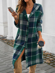 Green plaid hooded duster coat with button front and side slit