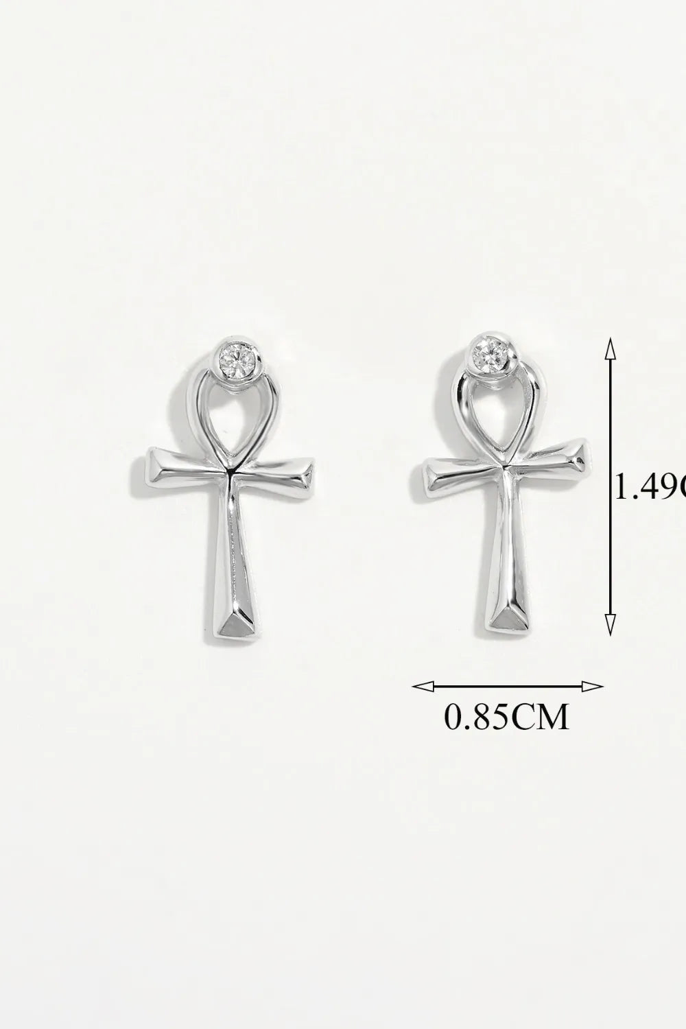 Silver ankh stud earrings with zircon detail