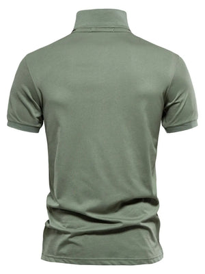 Tailored cotton polo shirt in moss green with short sleeves and a classic collar.
