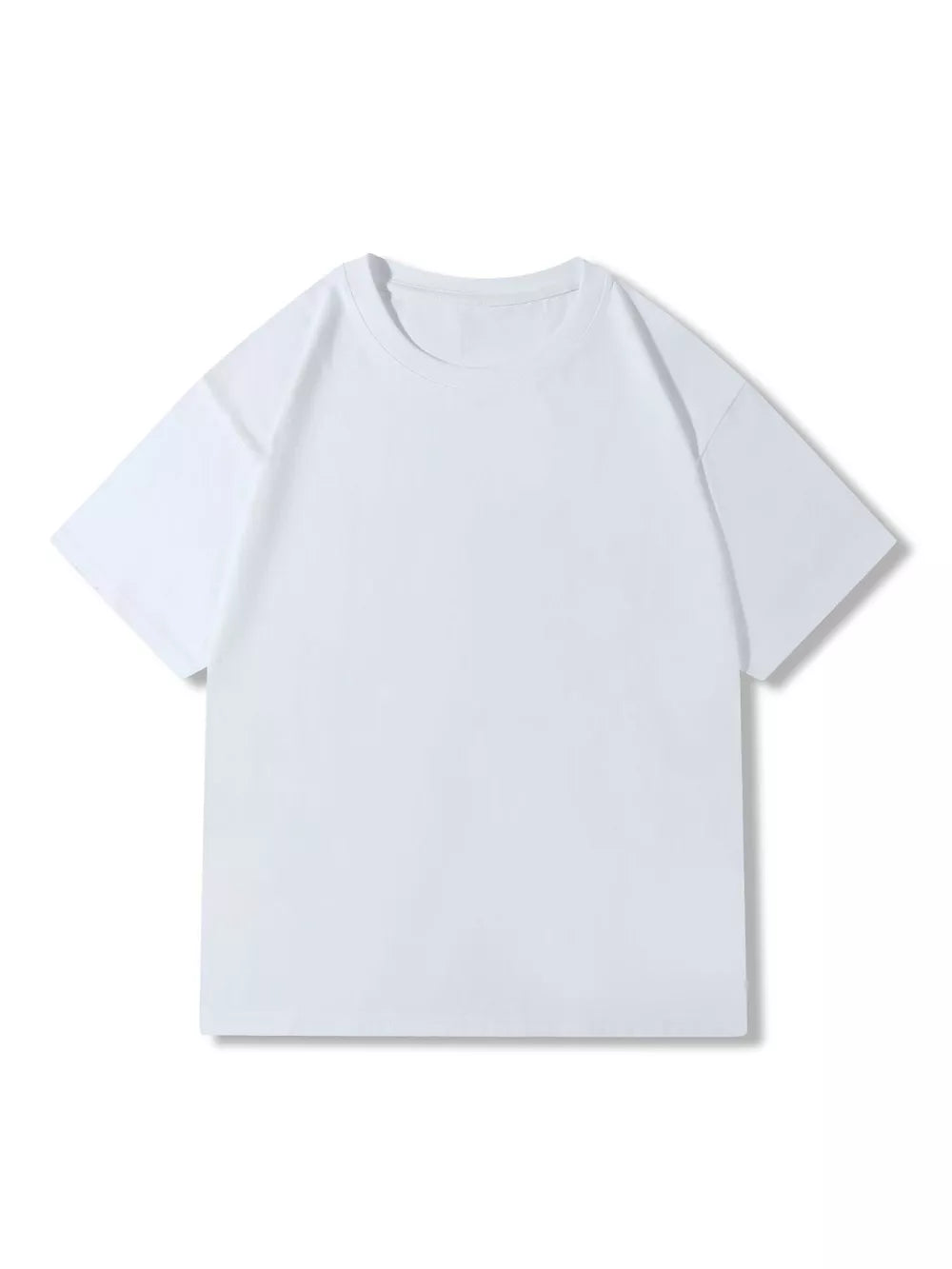 White 100% cotton crew neck t-shirt with short sleeves.