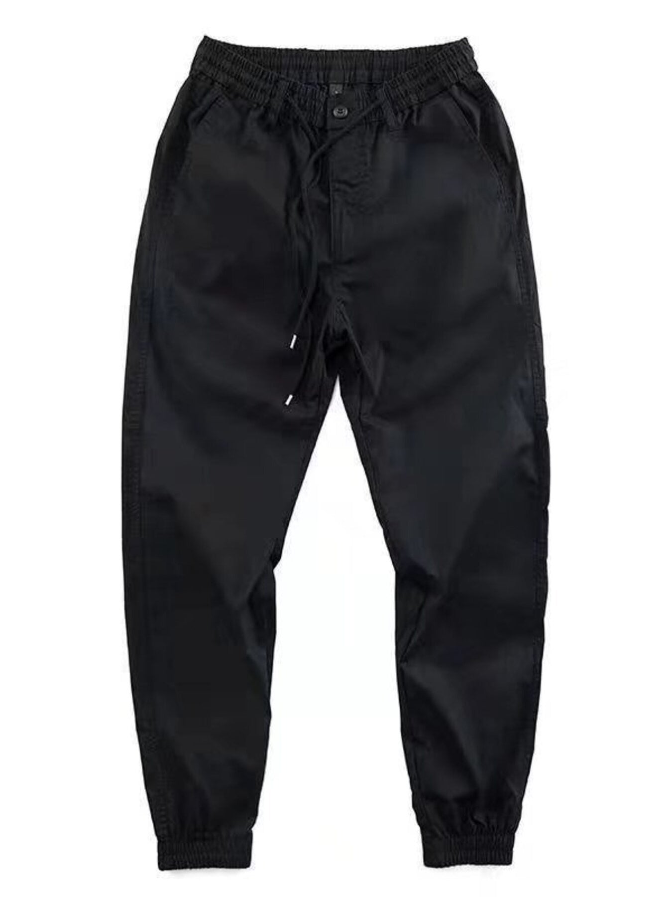 Black relaxed fit joggers with drawstring and elastic cuffs.