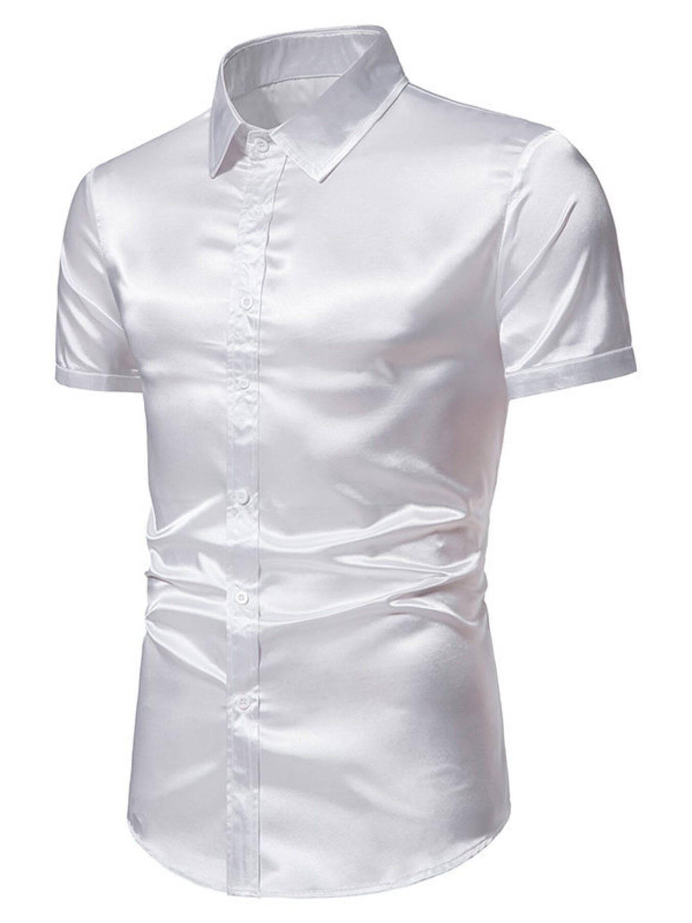 Men's white satin finish short sleeve button-up shirt with a classic collar.