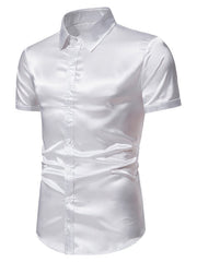 Men's white satin finish short sleeve button-up shirt with a classic collar.