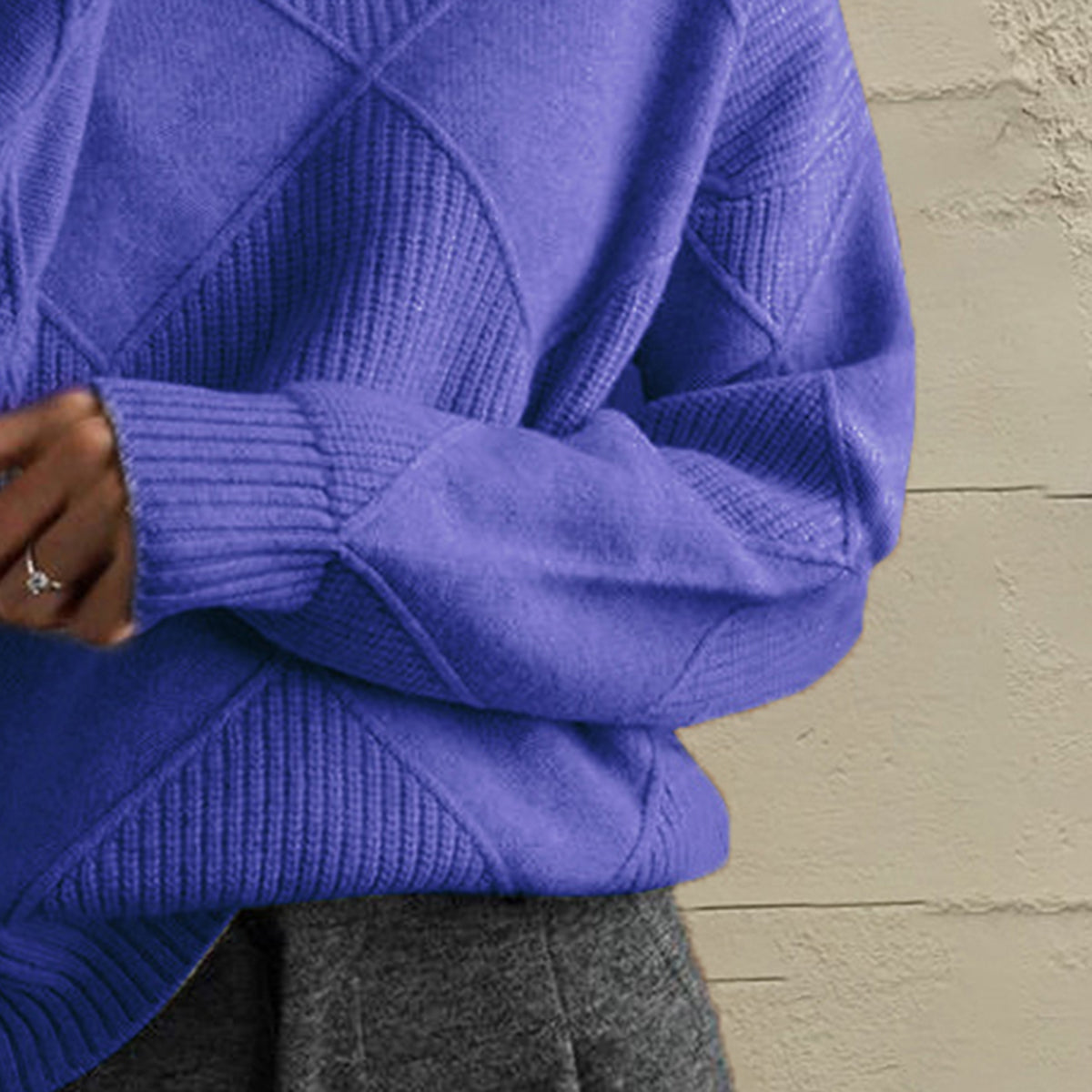 Deep Purple textured diamond knit turtleneck pullover with ribbed cuffs and hem.