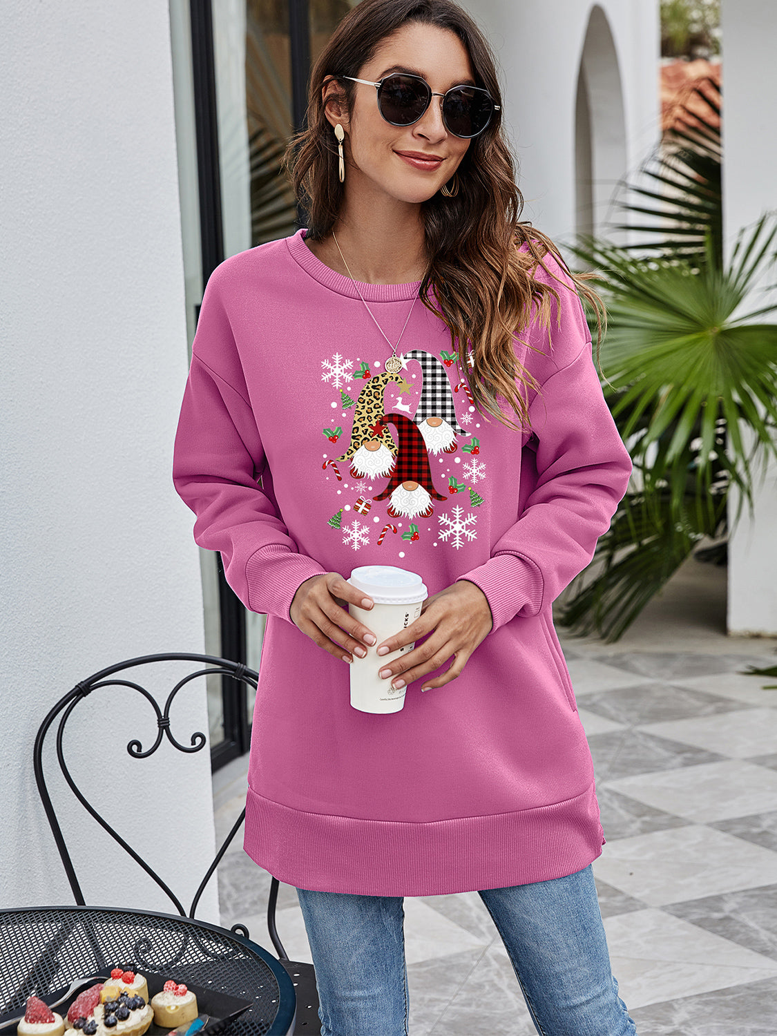 Dusty Pink tunic sweatshirt with festive gnome graphic, snowflakes, and candy canes.