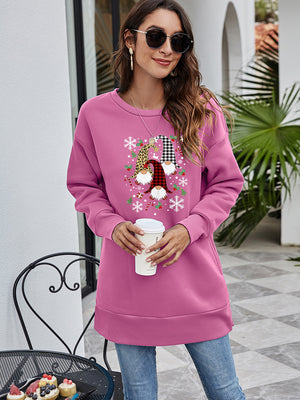 Dusty Pink tunic sweatshirt with festive gnome graphic, snowflakes, and candy canes.