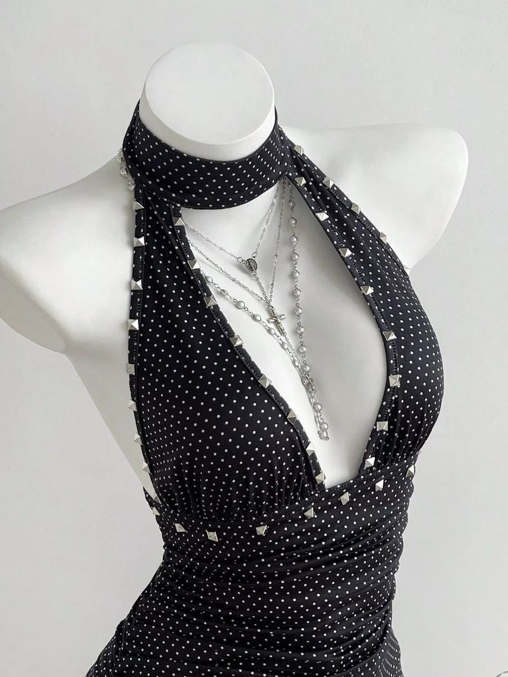 Polka Dot Cutout Front Halter Mini Dress, side view