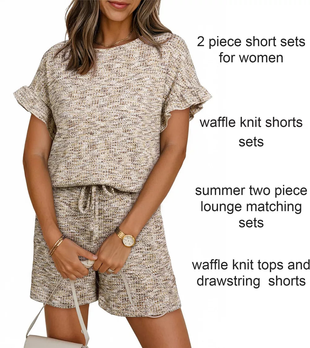 Khaki ruffled sleeve two-piece set with drawstring shorts