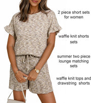 Khaki ruffled sleeve two-piece set with drawstring shorts