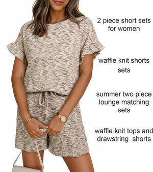 Khaki ruffled sleeve two-piece set with drawstring shorts