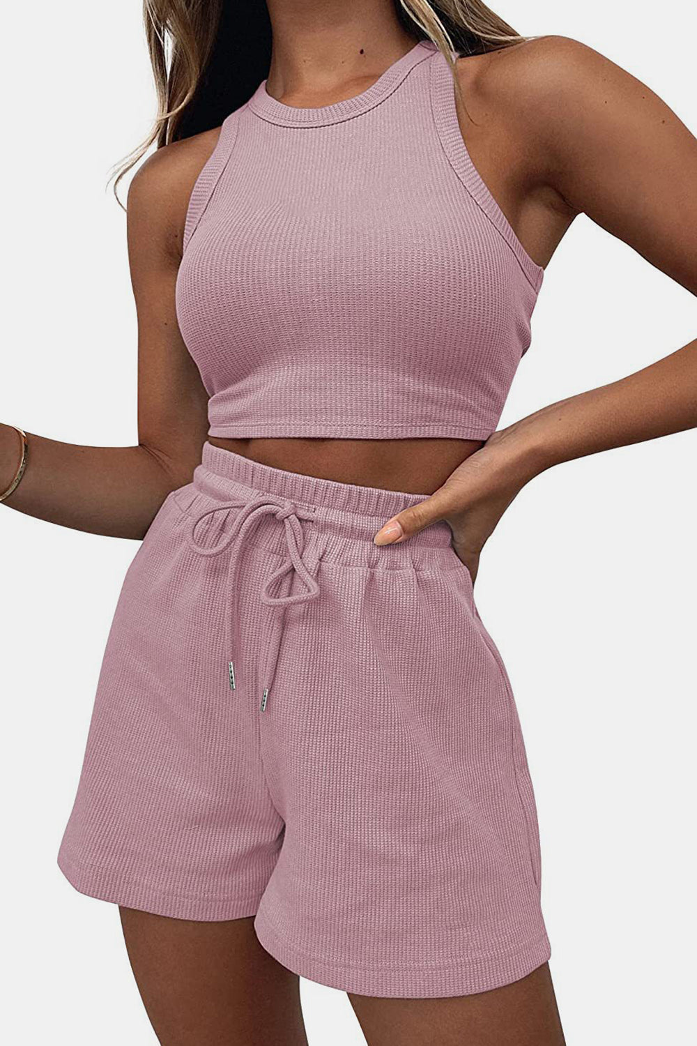 Ribbed knit crop top and drawstring shorts set in Blush Pink.