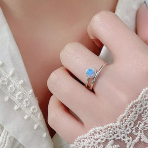 Iridescent opal halo ring on double band, 925 sterling silver.