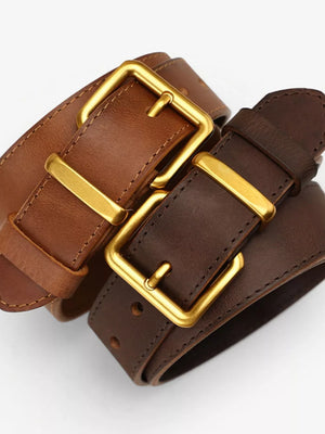 Brown cowhide leather belts with gold square buckles and accents