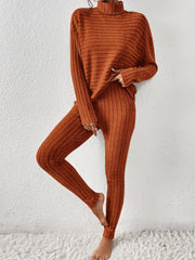 Textured turtleneck loungewear set in caramel, featuring ribbed knit fabric and a relaxed fit.