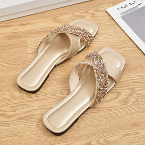 Light brown sequined crisscross open-toe sandals with a square toe.
